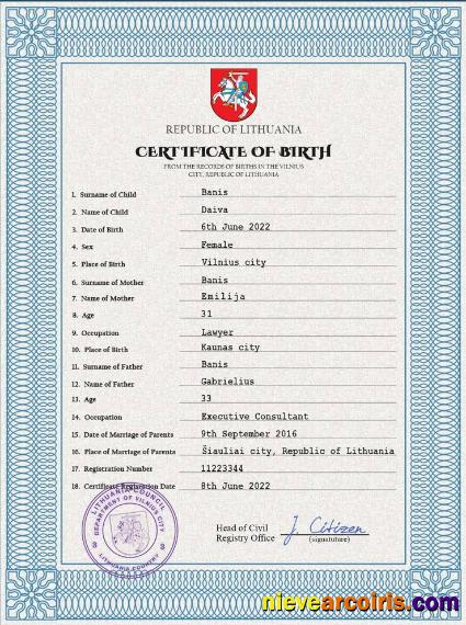 Lithuania vital record birth certificate
